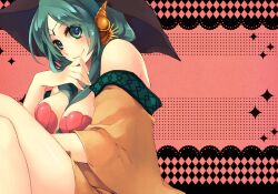  aqua_hair bad_id bad_pixiv_id bare_shoulders breasts female green_eyes hat hazuki_(nature.) large_breasts long_hair looking_at_viewer magi_the_labyrinth_of_magic photoshop_(medium) shell shell_bikini smile solo witch_hat yamuraiha 