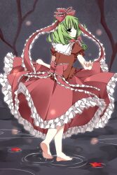  barefoot bow commentary_request female frills front_ponytail green_eyes green_hair hair_ornament hair_ribbon hairbow highres kagiyama_hina leaf long_hair long_skirt maple_leaf puffy_sleeves ribbon sakura-no short_sleeves skirt skirt_hold smile solo standing touhou water 