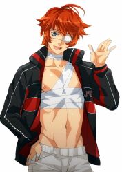  1boy ahoge bandages blue_eyes commentary_request eyepatch male_focus navel open_mouth orange_hair sengoku_kiyosumi simple_background smile solo tennis_no_ouji-sama white_background yamada_3 