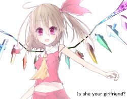  ahoge ascot bad_id bad_pixiv_id blonde_hair english_text female flandre_scarlet hair_ribbon highres navel oerba_yun_fang open_mouth red_eyes ribbon riuichi side_ponytail sleeveless solo touhou white_background wings 