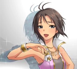  antenna_hair armpits bare_shoulders black_eyes bracelet brown_hair commentary_request female idolmaster idolmaster_(classic) idolmaster_2 jewelry kikuchi_makoto necklace open_mouth pink_diamond_765_(idolmaster) short_hair solo sparkle upper_body vest wantacchi 