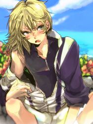  1boy blonde_hair blush hatio7 hirakoba_rin long_hair male male_focus ocean oerba_yun_fang open_mouth shorts sitting sky solo sweat tennis_no_ouji-sama white_background yellow_eyes 