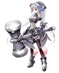  armor black_thighhighs blush breasts commentary_request copyright_request female gauntlets hammer hat highres huge_weapon long_hair medium_breasts photoshop_(medium) red_eyes smile solo thighhighs weapon white_hair zeco 