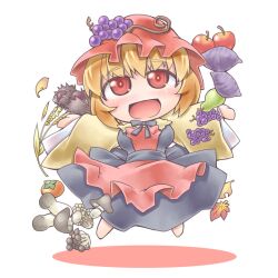  :d aki_minoriko apple blush chestnut chibi commentary_request enoki_(mushroom) female food fruit grapes hat leaf maple_leaf mushroom nyagakiya open_mouth orange_hair outstretched_arms pear persimmon photoshop_(medium) red_eyes short_hair smile solo sweet_potato touhou 