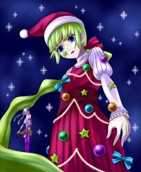  alternate_costume blue_eyes cardfight!!_vanguard christmas dark_skin giant green_hair horns long_hair nightmare_doll_alice pale_moon purple_trapezist ribbon skirt snowflakes sukumo_(kemutai) 