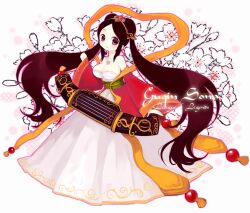  alternate_costume alternate_hair_color bare_shoulders breasts brown_hair character_name chinese_clothes cleavage commentary detached_sleeves dress earrings female guqin_sona hagoromo hanfu instrument jewelry konatsu_miyu large_breasts league_of_legends long_hair long_sleeves necklace off_shoulder shawl smile solo sona_(league_of_legends) twintails white_dress wide_sleeves 