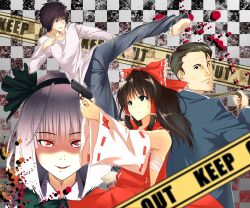  2boys 2girls alternate_weapon bandages barefoot black_hair blood blood_splatter blue_eyes bow brown_hair call_of_cthulhu caution_tape checkered_background collarbone commentary_request death_note detached_sleeves evil_smile finger_on_trigger grey_hair gun hair_tubes hairband hairbow hakurei_reimu handgun highres holding inogashira_gorou japanese_clothes kanata_(kanata_onion) keep_out kicking kodoku_no_gourmet konpaku_youmu l_(death_note) long_hair looking_at_viewer looking_back miko multiple_boys multiple_girls photoshop_(medium) portrait red_eyes ribbon-trimmed_sleeves ribbon_trim sarashi short_hair smile touhou weapon wide_sleeves yukkuri_youmu_to_hontou_wa_kowai_cthulhu_shinwa 