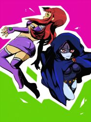  2girls animification bad_id bad_pixiv_id blue_skin boots cape cloak colored_skin dc_comics fingerless_gloves forehead_jewel gloves gorget green_eyes hood hooded_cloak jewelry looking_at_viewer looking_back multiple_girls pendant purple_footwear purple_hair purple_legwear raven_(dc) red_eyes red_hair shaded_face skirt starfire teen_titans thigh_boots thighhighs tsujii zettai_ryouiki 