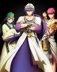  3boys arabian_clothes armor black_background blue_eyes bracelet brown_eyes clenched_hand closed_mouth collarbone crossed_arms earrings forehead_jewel freckles glint green_eyes hair_between_eyes hands_in_opposite_sleeves highres hoop_earrings ja&#039;far_(magi) jewelry long_hair looking_at_viewer low_ponytail magi_the_labyrinth_of_magic male_focus manly masrur multiple_boys muscular necklace orange_eyes pauldrons pink_eyes pink_hair ponytail purple_hair red_hair scabbard sheath sheathed shoulder_armor shoulder_pads simple_background sinbad_(magi) smile standing sword tunic turban veil very_long_hair weapon white_hair 