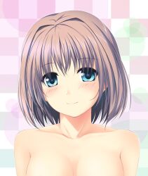  amicis bad_link blue_eyes blush breasts brown_hair checkered_background closed_mouth collarbone eyes_visible_through_hair female looking_at_viewer nude original short_hair simple_background smile solo upper_body 