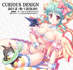  absurdres angel_wings animal_ears asymmetrical_legwear bare_shoulders bat_wings blue_hair blush bow breasts bridal_garter cat_ears cleavage commentary_request evemoina female food fruit hairbow highres innertube large_breasts looking_at_viewer mismatched_legwear original panties panty_pull photoshop_(medium) popsicle purple_eyes side-tie_panties single_thighhigh smile solo striped_clothes striped_thighhighs swim_ring tail thighhighs underwear watermelon wings wrist_cuffs 