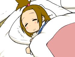  blush_stickers brown_hair commentary_request female hizaki_ryuuta k-on! pillow short_hair sleeping smile tainaka_ritsu under_covers 