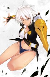  belt blazblue blazblue:_chronophantasma breasts bullet_(blazblue) commentary_request cutoffs dark_skin denim denim_shorts elbow_pads female fingerless_gloves gloves hell_machina highres large_breasts photoshop_(medium) red_eyes scar shorts thighs white_hair 