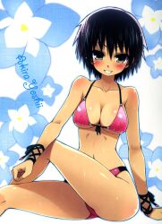  arm_support baka_to_test_to_shoukanjuu bare_shoulders bikini black_eyes black_hair blush breasts cleavage crossed_legs female front-tie_top grin haga_yui highres looking_at_viewer medium_breasts navel ribbon short_hair sitting smile solo swimsuit underboob wrist_ribbon yoshii_akira 