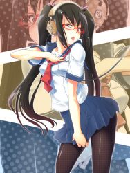  bad_id bad_pixiv_id black_hair female glasses hand_on_own_chest headphones kanata_(kanata_onion) long_hair original pantyhose photoshop_(medium) red-framed_eyewear red_eyes school_uniform serafuku skirt solo tongue tongue_out twintails 