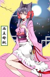  animal_ears bow cherry_blossoms commentary_request female full_moon hand_on_own_chest highres long_hair moon otome_youkai_zakuro petals pink_bow purple_eyes purple_hair round_window sidelocks sitting smile solo tabi tetsua_rei window yagasuri yokozuwari zakuro_(otome_youkai_zakuro) 