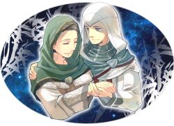  1boy altair_ibn_la-ahad assassin&#039;s_creed assassin&#039;s_creed_(series) bad_id bad_pixiv_id closed_eyes commentary_request couple female hood maria_thorpe photoshop_(medium) scarf smile straight tatsuri_(forest_penguin) 