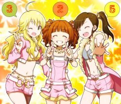  3girls belly_chain belt blonde_hair brown_hair commentary_request futami_mami green_eyes grin hoshii_miki idolmaster idolmaster_(classic) jewelry kidachi long_hair midriff multiple_girls necklace one_eye_closed overalls pantyhose photoshop_(medium) pink_diamond_765_(idolmaster) side_ponytail single_leg_pantyhose smile takatsuki_yayoi twintails 