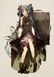  aqua_eyes aqua_hair bad_id bad_pixiv_id boots female full_body hair_ribbon hatsune_miku long_hair ribbon simple_background sitting solo twintails very_long_hair vocaloid witchonly 