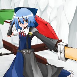  adapted_costume advent_cirno blue_eyes blue_hair bow cirno commentary_request dual_wielding female gloves hairbow highres holding long_sleeves short_hair short_sleeves solo soudayu stance sword touhou weapon 