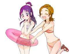  2girls ^^^ azuma_yukihiko bad_id bad_pixiv_id bikini blonde_hair blush closed_eyes commentary_request futari_wa_precure_splash_star half_updo happy hyuuga_saki innertube long_hair mishou_mai multiple_girls open_mouth precure purple_eyes purple_hair shoes short_hair simple_background smile swim_ring swimsuit very_short_hair 