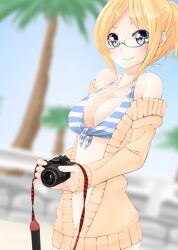  bad_id bad_pixiv_id bikini blonde_hair blue_eyes blurry blush breasts camera cleavage day depth_of_field female front-tie_top glasses green-framed_eyewear large_breasts navel nekobaka original photoshop_(medium) semi-rimless_eyewear smile solo striped_bikini striped_clothes sweater swimsuit under-rim_eyewear 