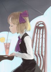  blonde_hair chair closed_eyes commentary_request drink drinking drinking_straw female food fruit glass hair_ribbon lemon profile ribbon rumia short_hair sinzan sitting solo touhou umbrella 