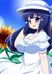  aoki_reika blue_eyes blue_hair breasts cleavage commentary_request dress female flower hat large_breasts long_hair oborotsuki_kakeru open_mouth precure smile smile_precure solo sun sun_hat sunflower 