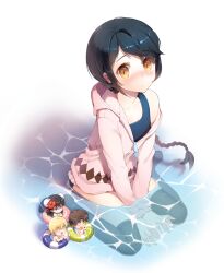  black_hair black_thighhighs blush braid cardigan chibi commentary_request female gilse hood hooded_jacket innertube jacket long_hair looking_at_viewer looking_up off_shoulder original partially_submerged photoshop_(medium) school_swimsuit sitting solo swim_ring swimsuit swimsuit_under_clothes thighhighs v_arms wariza water yellow_eyes 