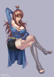  arm_behind_head armor artistic_error bad_anatomy bad_feet bare_shoulders breasts brown_hair cleavage crossed_legs dress eyelashes female fishnets greaves green_eyes grey_background hair_over_one_eye large_breasts legs lips long_hair naruto_(series) naruto_shippuuden naughty_face photoshop_(medium) simple_background sitting solo terumi_mei thighs vasily_(run211) 