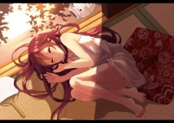  :o barefoot brown_hair closed_eyes commentary_request feet female fetal_position hand_fan kayari_buta letterboxed long_hair lying open_mouth original paper_fan photoshop_(medium) pillow shade sleeping sleeveless solo tatami uchiwa very_long_hair yoo_(tabi_no_shiori) 