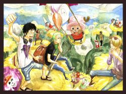  2girls 4boys bandana bird black_hair blonde_hair blonde_hair cigarette green_hair hair_over_one_eye headphones monkey_d_luffy multiple_boys multiple_girls nami nami_(one_piece) nico_robin one_piece orange_hair roronoa_zoro sanji scarf sheathed_sword sitting smoking sunglasses sunglasses_on_head sword tony_tony_chopper usopp weapon 