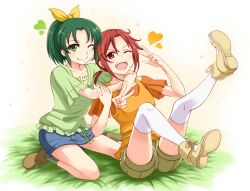  2girls blush commentary_request green_eyes green_hair green_shirt heart hino_akane_(smile_precure!) hug hug_from_behind legs_up midorikawa_nao multiple_girls one_eye_closed open_mouth precure red_eyes red_hair seven_(11) shirt shorts sitting smile smile_precure thighhighs v wariza white_thighhighs 