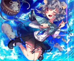  ;d absurdres animal_ears basket blush capelet commentary_request dowsing_rod female grey_hair highres hoshika_ranoe jewelry mary_janes mouse_(animal) mouse_ears mouse_tail nazrin one_eye_closed open_mouth pendant red_eyes shoes short_hair skirt smile solo tail touhou 