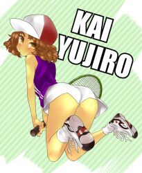  1boy androgynous ass ass_focus bad_id bad_pixiv_id baseball_cap blush brown_eyes brown_hair from_behind hat kai_yuujirou male_focus msp_sammy otoko_no_ko racket shoes sneakers tennis_no_ouji-sama tennis_racket 