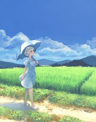  blonde_hair blue_eyes day dress female holding holding_umbrella lowres original outdoors rural sandals short_hair slippers solo umbrella weno weno&#039;s_blonde_original_character white_dress 