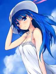  amei_sumeru bad_id bad_pixiv_id blue_eyes blue_hair blush breasts cleavage collarbone commentary_request dress female hand_on_headwear hat hat_ribbon highres long_hair medium_breasts original ribbon solo sun_hat sundress 