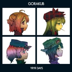  4girls ahoge akaza_akari album_cover album_cover_redraw annoyed bad_id bad_pixiv_id black_hair blonde_hair blue_eyes bow cover demon_days_(gorillaz) derivative_work food funami_yui goggles goggles_on_head gorillaz hair_bun hat hat_bow highres long_hair looking_at_viewer looking_up mouth_hold multiple_girls padvracteha parody pink_hair plaid pocky purple_eyes short_hair single_hair_bun toshinou_kyouko twintails white_background yoshikawa_chinatsu yuru_yuri 