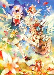  5girls azuma_aya blonde_hair blue_eyes blue_hair blush bow brown_hair cirno closed_eyes detached_sleeves dress flower flying gohei hair_tubes hairbow hakurei_reimu hat ice ice_wings kirisame_marisa lily_white multiple_girls mystia_lorelei open_mouth pink_hair short_sleeves smile touhou wide_sleeves wings witch_hat 