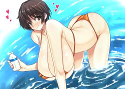  ass bikini blush breasts brown_eyes brown_hair butt_crack darabuchi female female gigantic_breasts hanging_breasts heart huge_ass idolmaster idolmaster_cinderella_girls ocean oikawa_shizuku sea short_hair smile swimsuit 