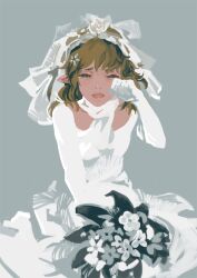  antiquewhite bouquet bridal_veil bride brown_hair commentary_request dress female flower grey_background grey_theme mizuhashi_parsee open_mouth photoshop_(medium) pointy_ears rose scarf short_hair simple_background solo tears touhou veil wedding_dress white_dress white_flower white_rose white_scarf 