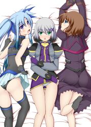  3girls :o ass bad_id bad_pixiv_id black_legwear blue_eyes blue_hair blush brown_hair clothes_lift commentary_request dress fingerless_gloves gloves green_eyes grey_hair highres levi_the_slasher long_hair lord_dearche lying lyrical_nanoha mahou_shoujo_lyrical_nanoha mahou_shoujo_lyrical_nanoha_a&#039;s mahou_shoujo_lyrical_nanoha_a&#039;s_portable:_the_battle_of_aces multiple_girls oerba_yun_fang panties purple_eyes sakura_yuu short_hair skirt skirt_lift socks stern_the_destructor striped_clothes striped_panties thighhighs twintails underwear vest 