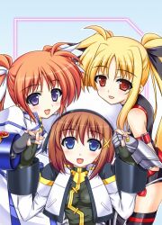  3girls armor bare_shoulders blonde_hair blue_eyes blush brown_hair commentary_request fate_testarossa fate_testarossa_(true_sonic_form) fingerless_gloves gloves hat holding_hands interlocked_fingers long_hair lyrical_nanoha mahou_shoujo_lyrical_nanoha mahou_shoujo_lyrical_nanoha_a&#039;s mahou_shoujo_lyrical_nanoha_strikers multiple_girls murasaki_atsushi open_mouth puffy_sleeves purple_eyes red_eyes short_hair smile takamachi_nanoha takamachi_nanoha_(exceed_mode) thighhighs twintails yagami_hayate 