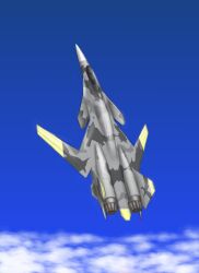  ace_combat ace_combat_04 aircraft airplane akagi_souryuu alternate_universe canards cloud commentary_request day fighter_jet flying highres jet military military_vehicle no_humans sky vehicle_focus x-02_wyvern yellow_squadron 