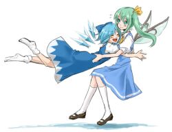  2girls ascot bad_id bad_pixiv_id blue_hair blush bow cirno closed_eyes daiyousei fairy_wings flying_sweatdrops glomp green_eyes green_hair hair_ribbon hairbow hug ice ice_wings long_hair multiple_girls open_mouth puffy_sleeves ribbon sherad short_hair short_sleeves side_ponytail smile touhou white_background wings 