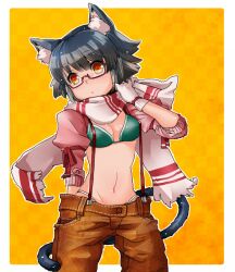  animal_ears bikini bikini_top black_hair breasts cat_ears cat_tail cleavage detached_sleeves female glasses kinako_(azguchy) navel orange_eyes original parted_lips red-framed_glasses scarf semi-rimless_glasses short_hair shorts solo suspenders swimsuit tail under-rim_glasses 