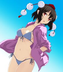  bikini breasts brown_hair cl_(h-sys.) cleavage commentary_request female front-tie_top gradient_background hands_in_pockets hands_on_own_hips hat jacket jacket_over_swimsuit looking_at_viewer medium_breasts navel open_mouth pointy_ears red_eyes shameimaru_aya short_hair side-tie_bikini_bottom simple_background solo swimsuit tokin_hat touhou 