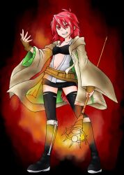  belt duel_monster fingerless_gloves gloves hiita navel pataniito pataryouto red_eyes red_hair skirt staff thighhighs yu-gi-oh! yuu-gi-ou_duel_monsters 