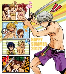  4boys 5girls amagi_yukiko bad_id bad_pixiv_id beach bikini black_hair blood blue_eyes blue_hair brown_hair doujima_nanako food fruit grey_eyes grey_hair hanamura_yousuke katana kayu_(kayu708) kujikawa_rise kuma_(persona_4) long_hair multiple_boys multiple_girls narukami_yuu navel nosebleed persona persona_4 photoshop_(medium) satonaka_chie shirogane_naoto short_hair swimsuit sword tatsumi_kanji watermelon weapon 