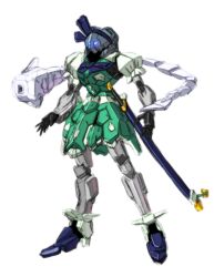  arms_at_sides blue_eyes commentary_request floating full_body glowing glowing_eyes konpaku_youmu konpaku_youmu_(ghost) kuramochi_kyouryuu mecha mechanization no_humans photoshop_(medium) robot scabbard sheath sheathed standing sword touhou weapon white_background 